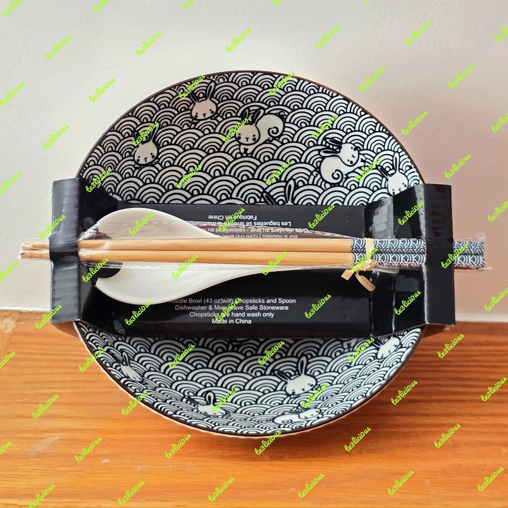SH HOME RABBIT SEIGAIHA WAVES CERAMIC RAMEN BOWL SPOON CHOPSTICK SET